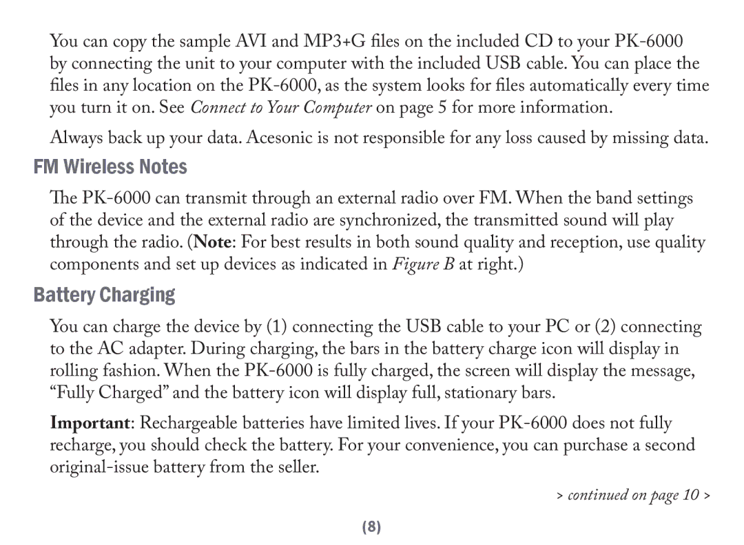 Acesonic PK-6000 user manual FM Wireless Notes, Battery Charging 