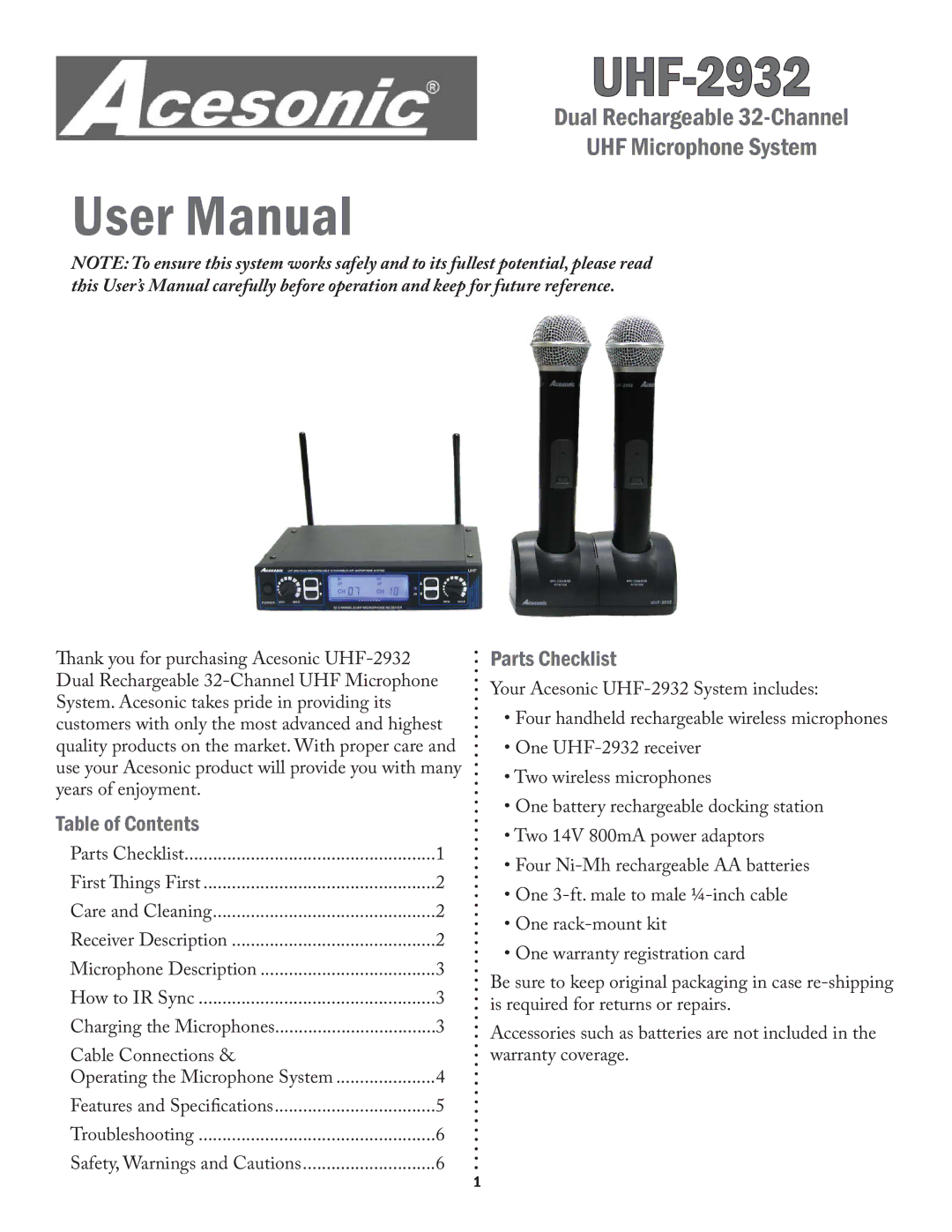 Acesonic UHF-2932 user manual Table of Contents, Parts Checklist 