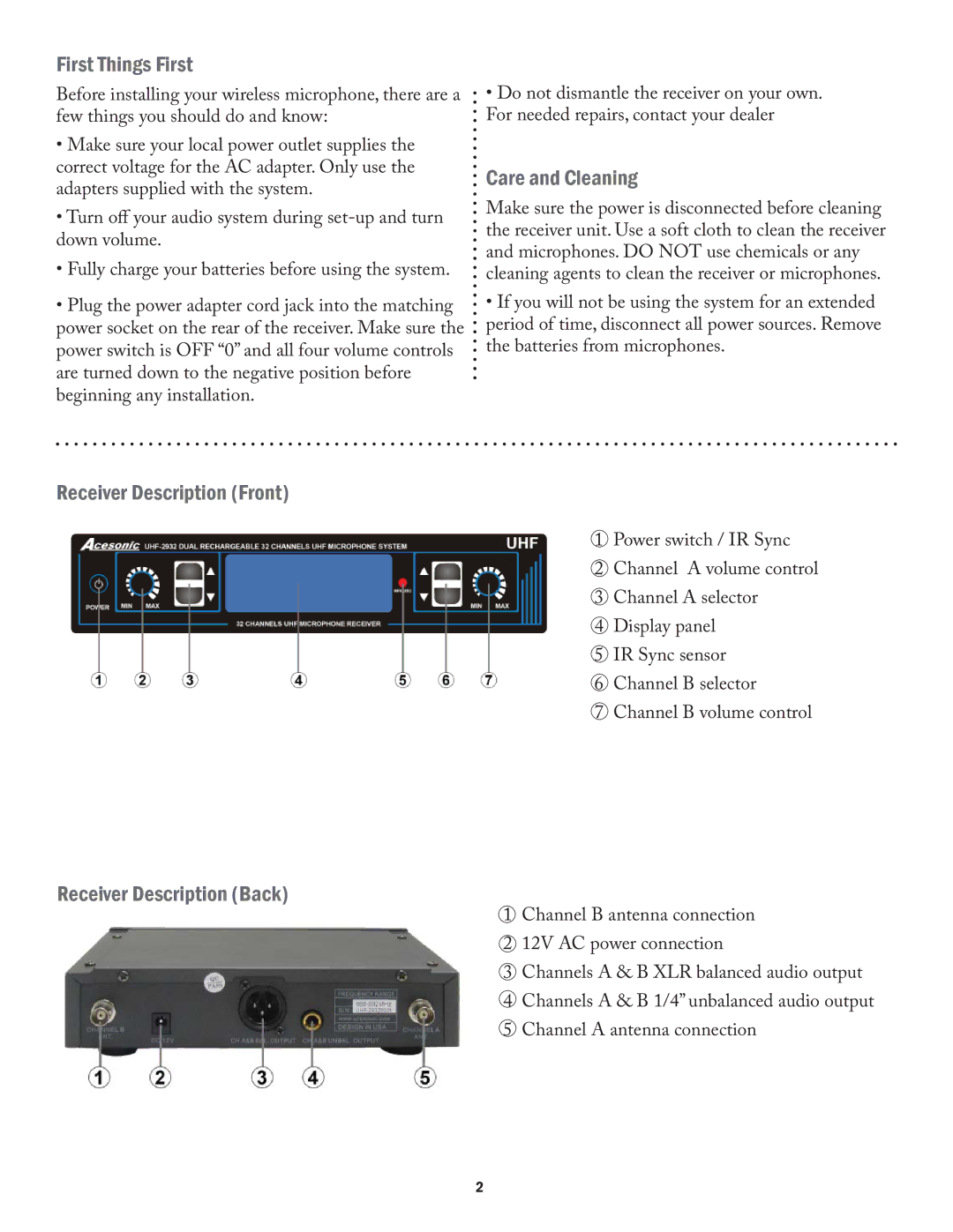 Acesonic UHF-2932 user manual First Things First, Care and Cleaning, Receiver Description Front, Receiver Description Back 