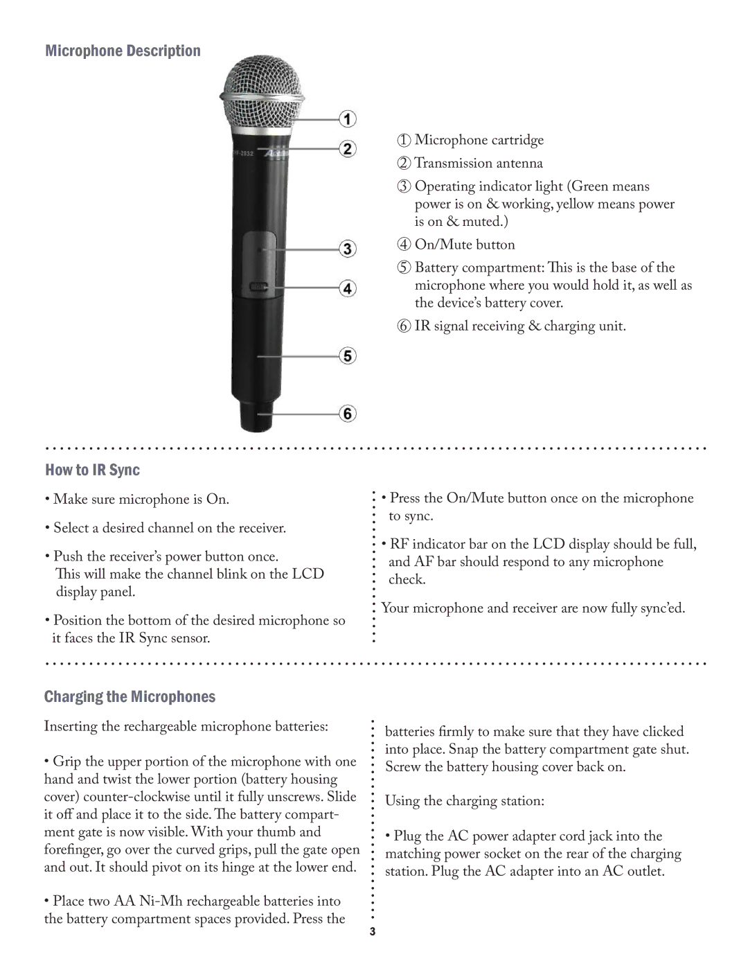 Acesonic UHF-2932 user manual Microphone Description, How to IR Sync, Charging the Microphones, Using the charging station 