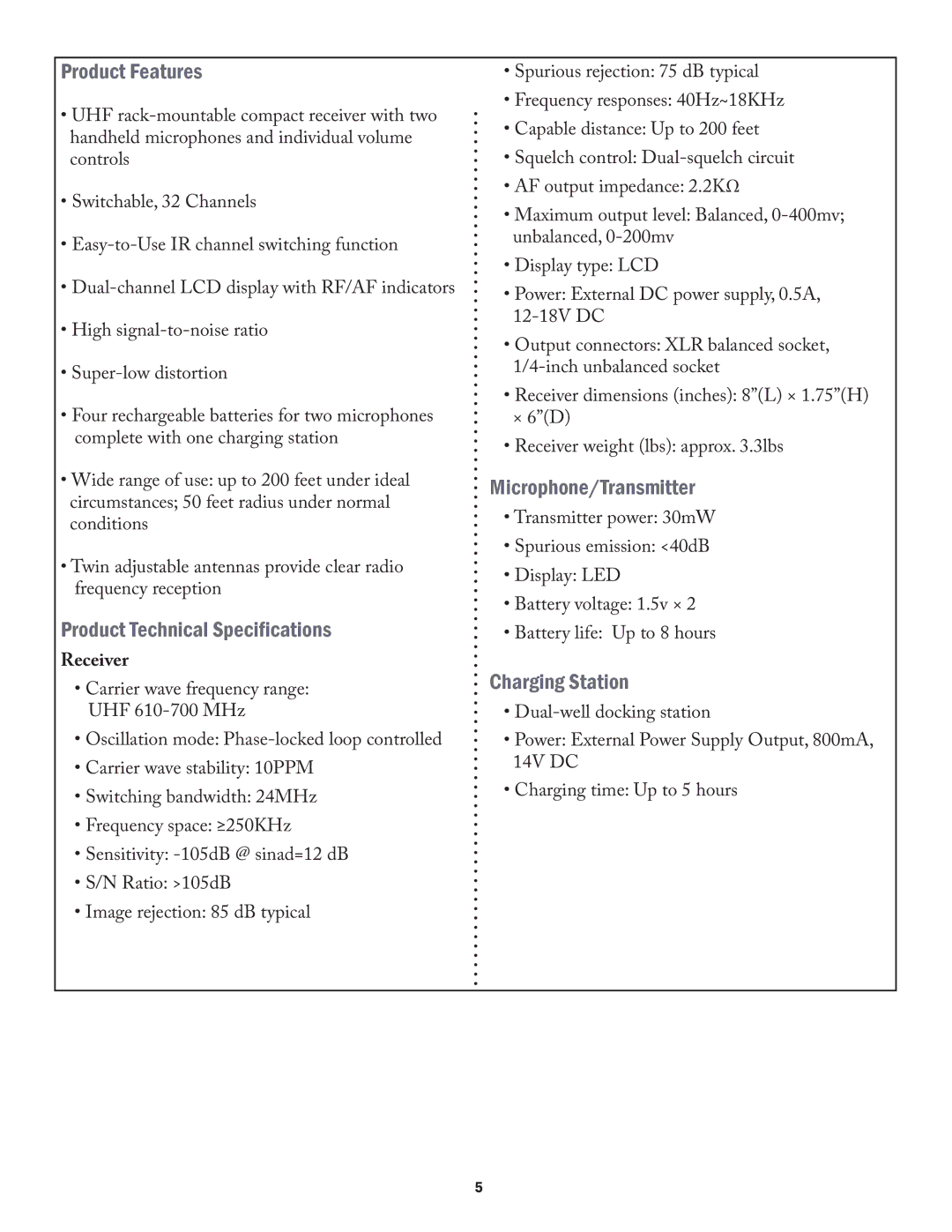 Acesonic UHF-2932 user manual Product Features, Product Technical Speciﬁcations, Microphone/Transmitter, Charging Station 