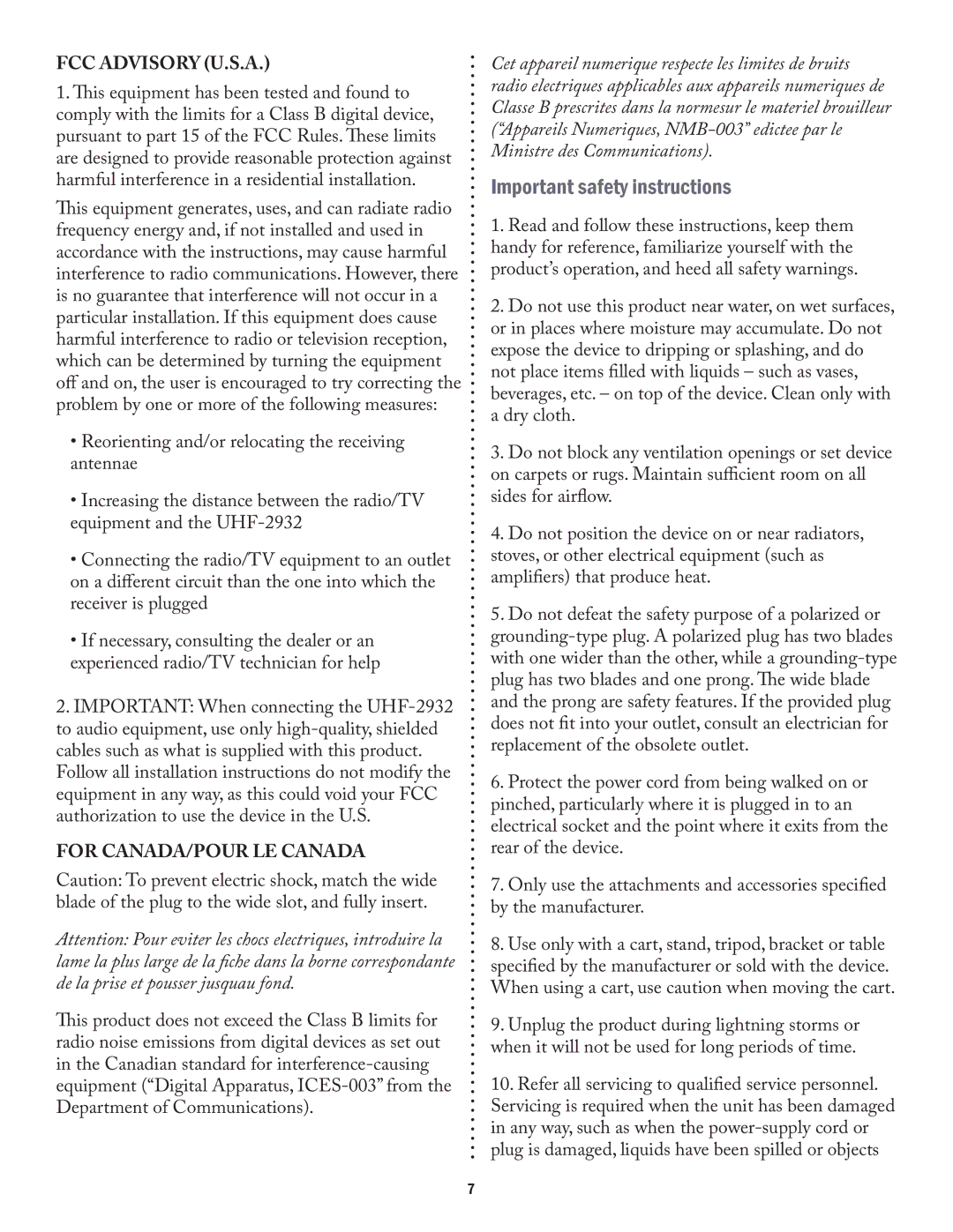 Acesonic UHF-2932 user manual Important safety instructions, FCC Advisory U.S.A 