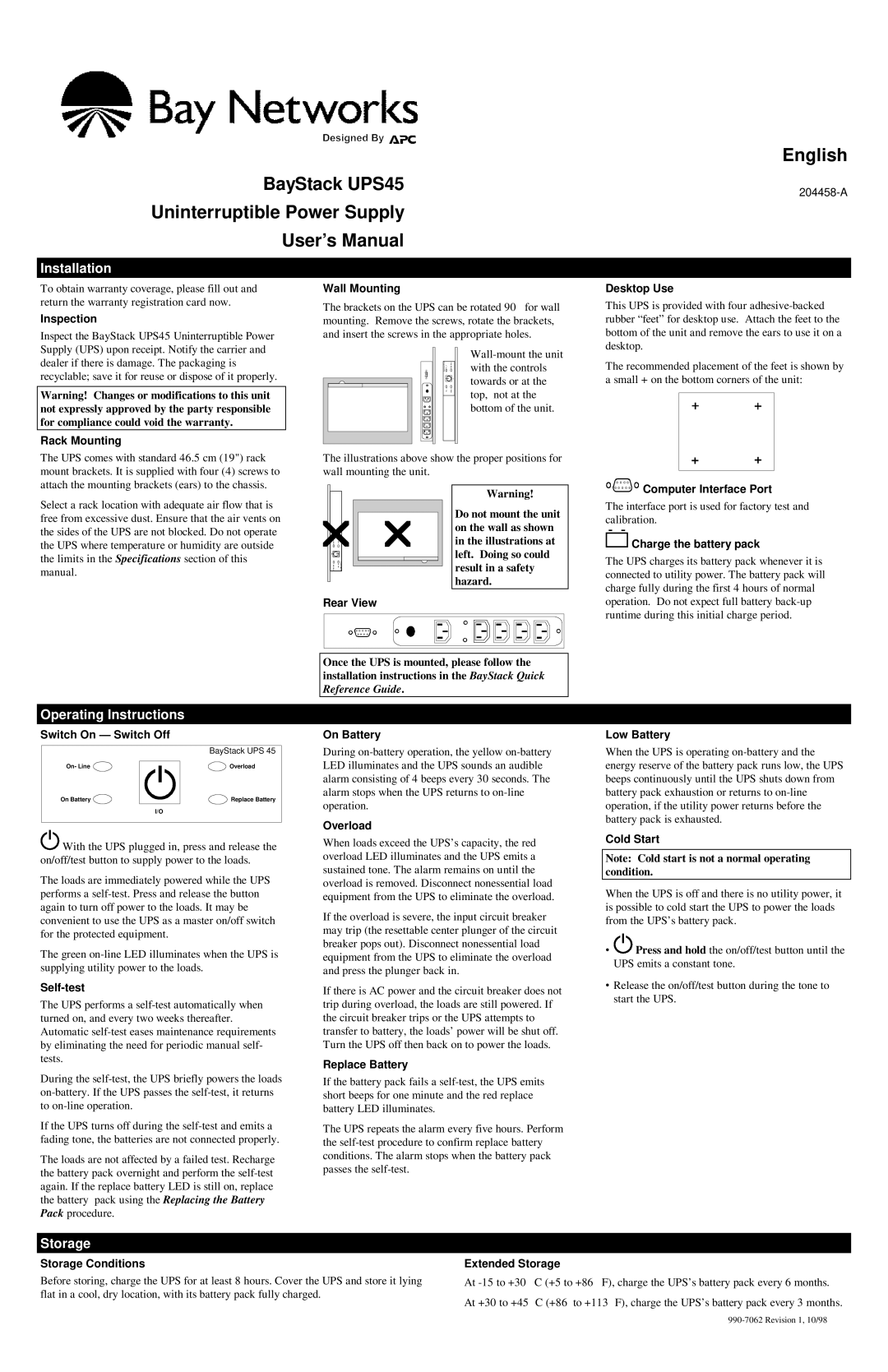 Ackton UPS45 manual Installation, Operating Instructions, Storage 