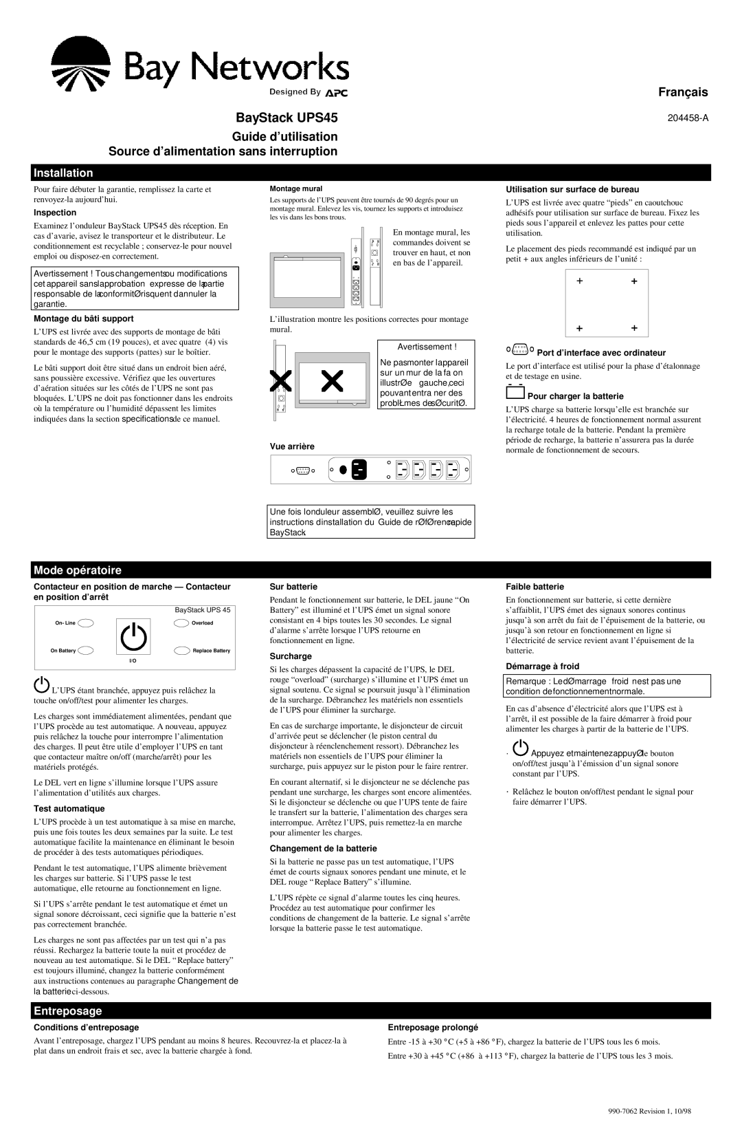 Ackton manual BayStack UPS45, Mode opératoire, Entreposage 