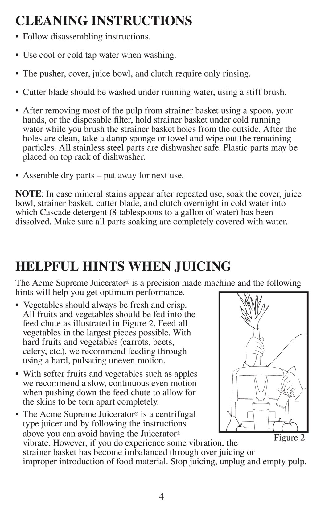 Acme Kitchenettes 6001 manual Cleaning Instructions, Helpful Hints When Juicing 