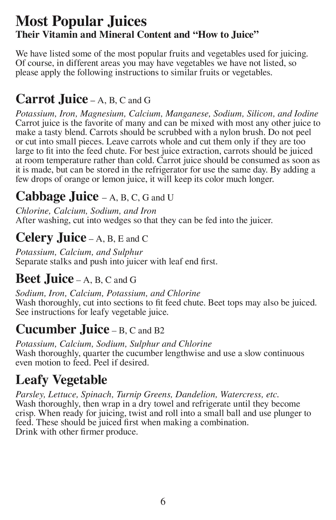 Acme Kitchenettes 6001 manual Most Popular Juices, Cucumber Juice B, C and B2, Leafy Vegetable 