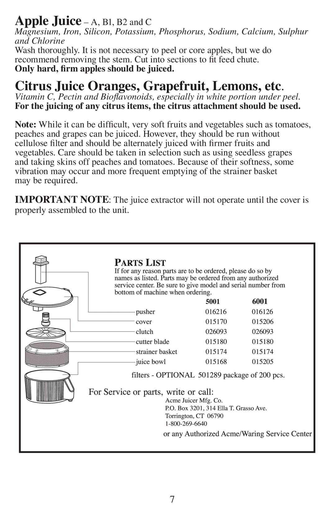 Acme Kitchenettes 6001 manual Citrus Juice Oranges, Grapefruit, Lemons, etc 