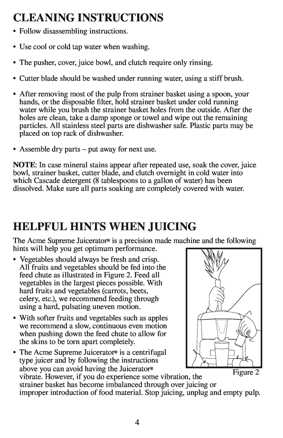 Acme Kitchenettes 6001 manual Cleaning Instructions, Helpful Hints When Juicing 