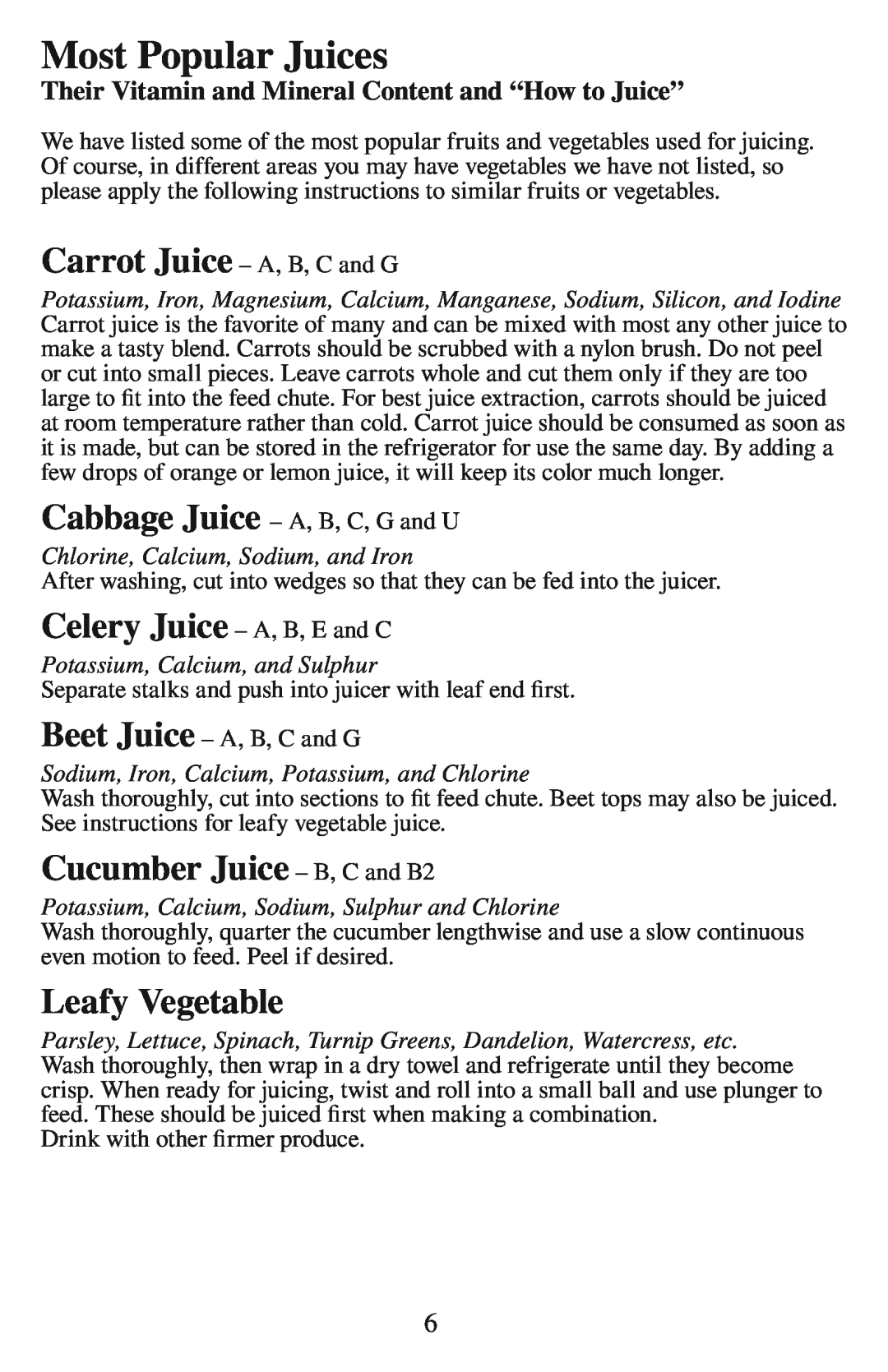 Acme Kitchenettes 6001 manual Most Popular Juices, Cucumber Juice - B, C and B2, Leafy Vegetable 