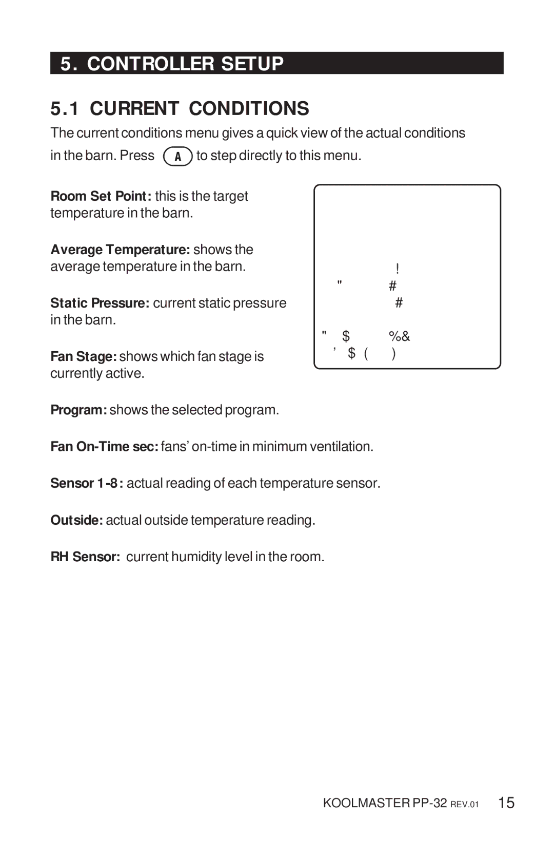 Acme Kitchenettes PP-32 manual Current Conditions, Room Set Point this is the target temperature in the barn 