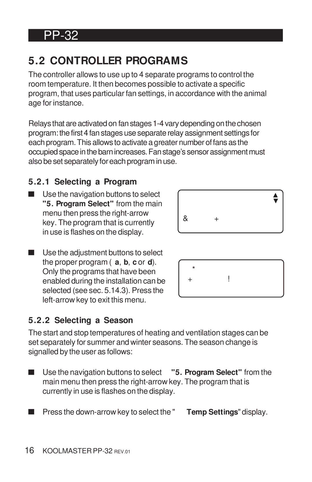 Acme Kitchenettes PP-32 manual Controller Programs, Selecting a Program, Selecting a Season 