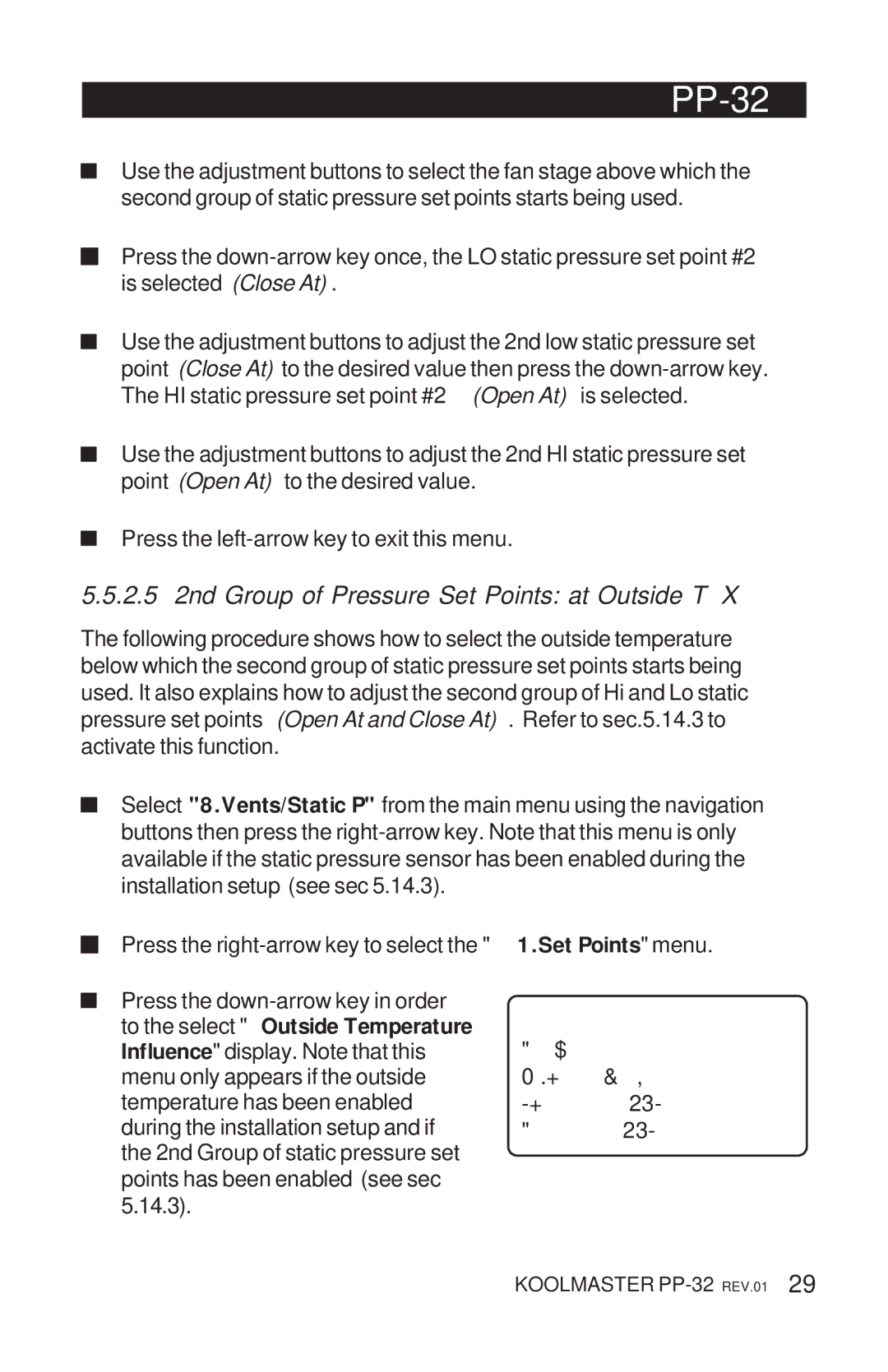 Acme Kitchenettes PP-32 manual 2.5 2nd Group of Pressure Set Points at Outside T 