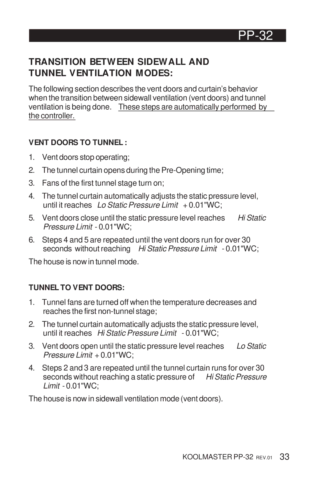 Acme Kitchenettes PP-32 manual Vent Doors to Tunnel, Tunnel to Vent Doors 