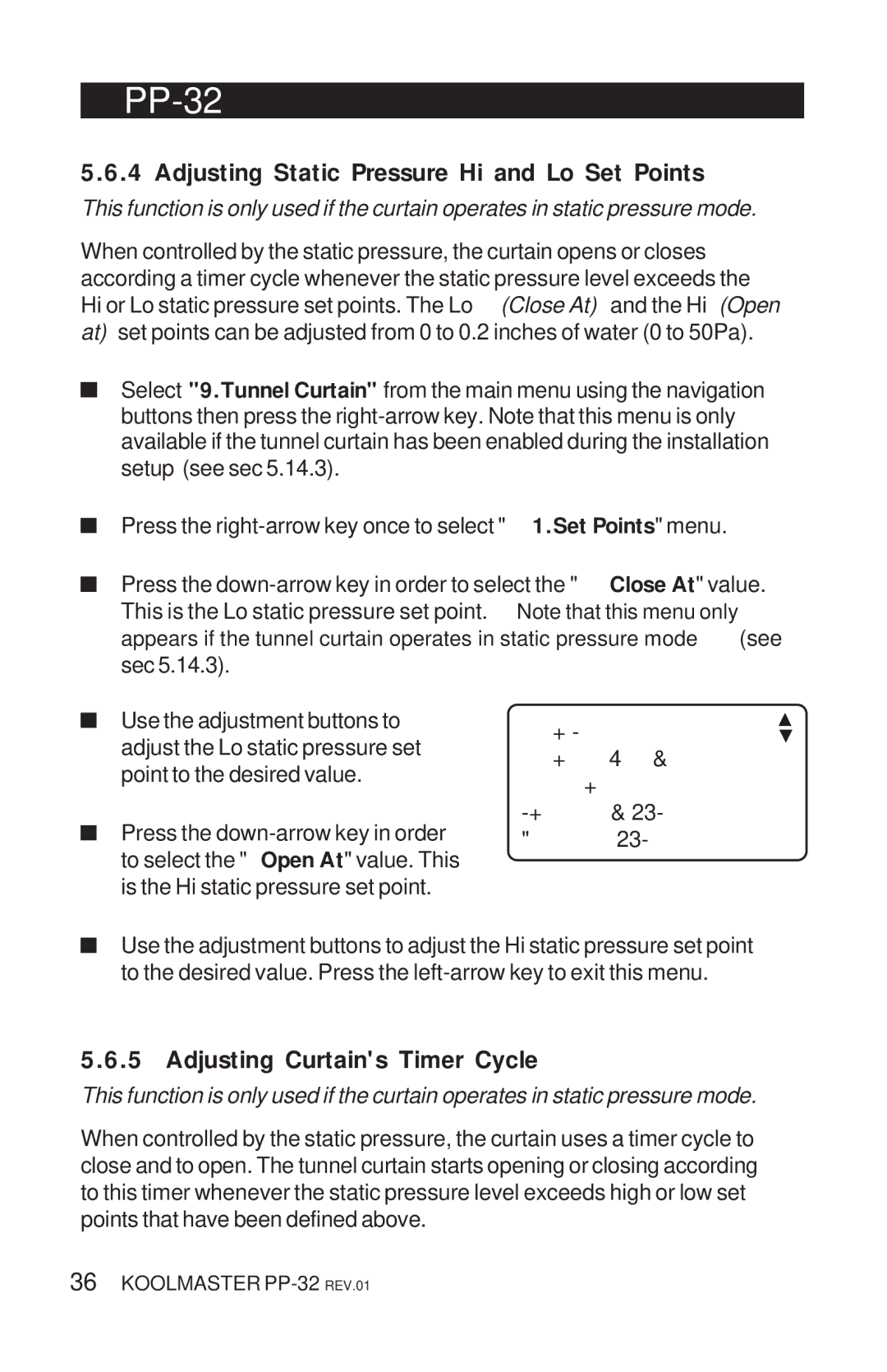 Acme Kitchenettes PP-32 manual Adjusting Static Pressure Hi and Lo Set Points, Adjusting Curtains Timer Cycle 