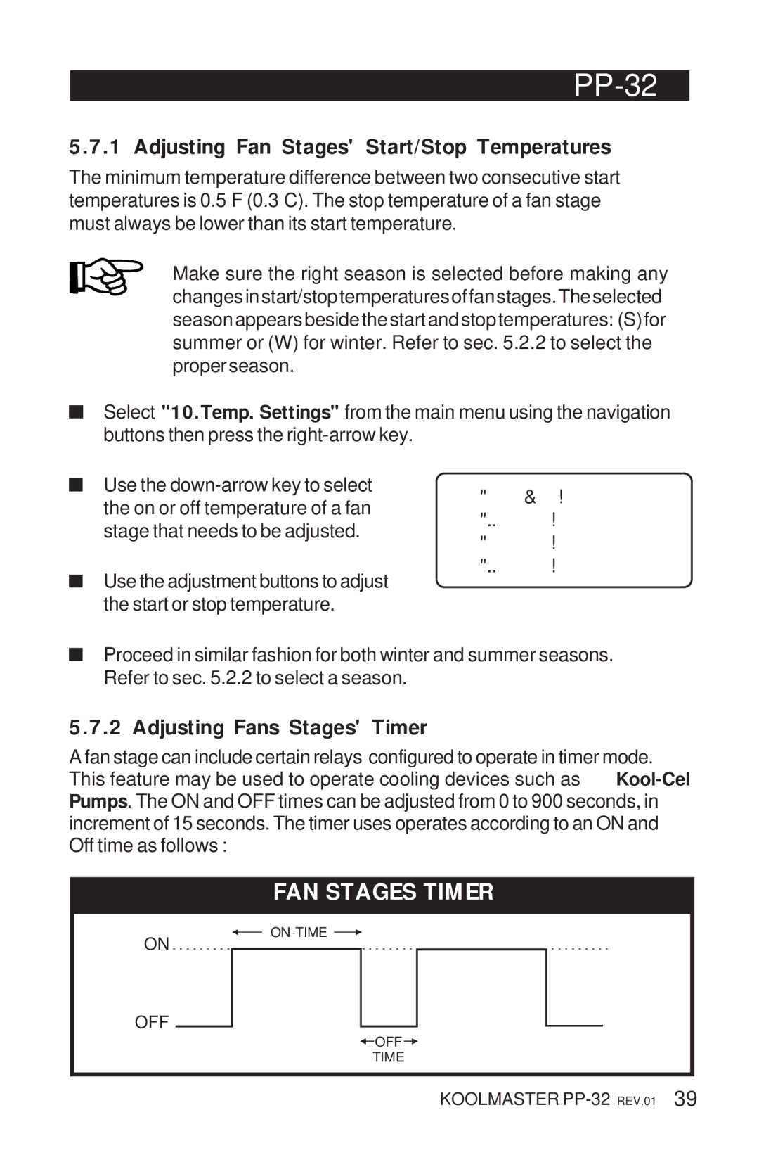 Acme Kitchenettes PP-32 manual FAN Stages Timer, Adjusting Fan Stages Start/Stop Temperatures, Adjusting Fans Stages Timer 