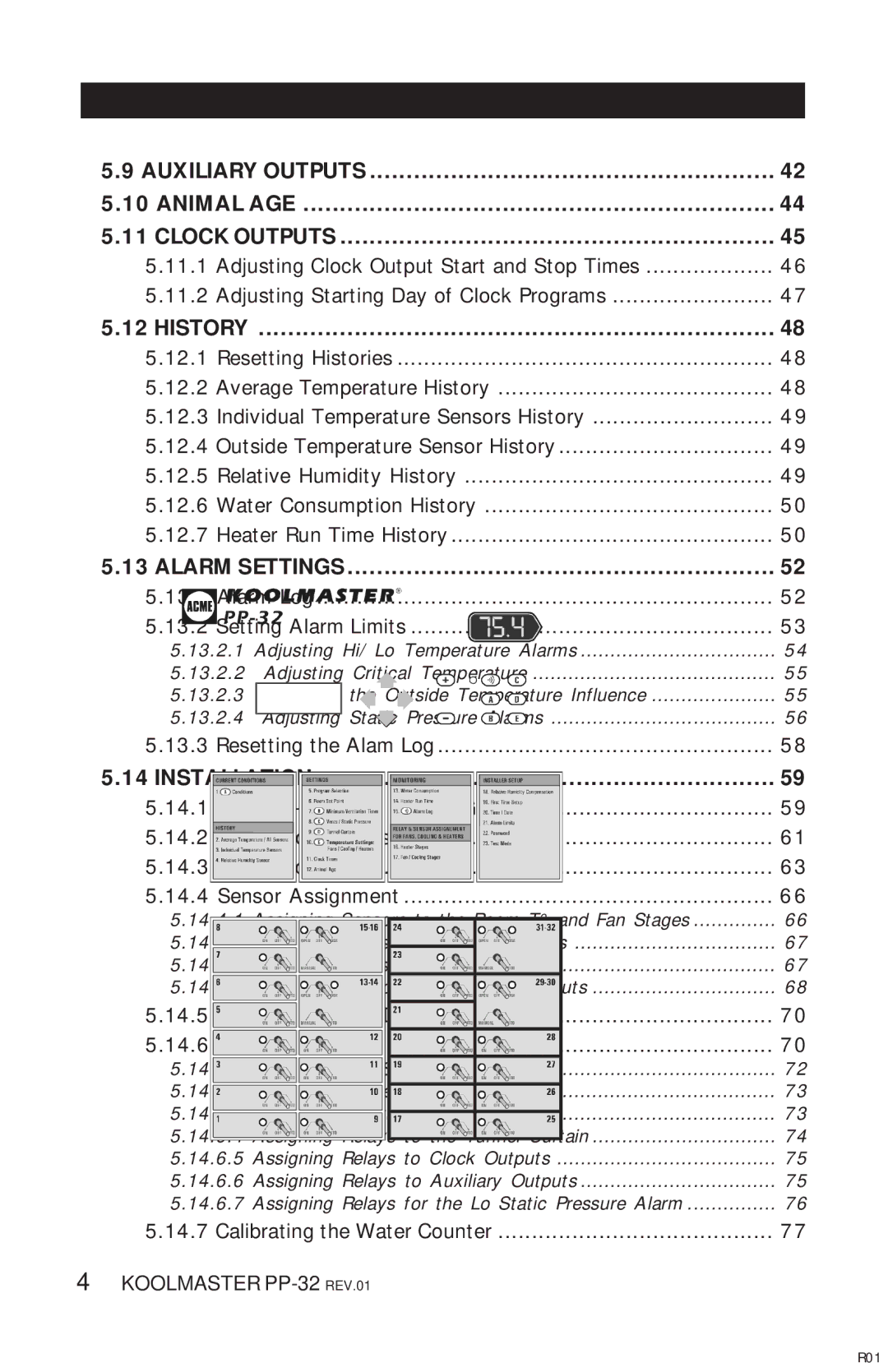 Acme Kitchenettes PP-32 manual Auxiliary Outputs Animal AGE Clock Outputs, History, Alarm Settings, Installation 