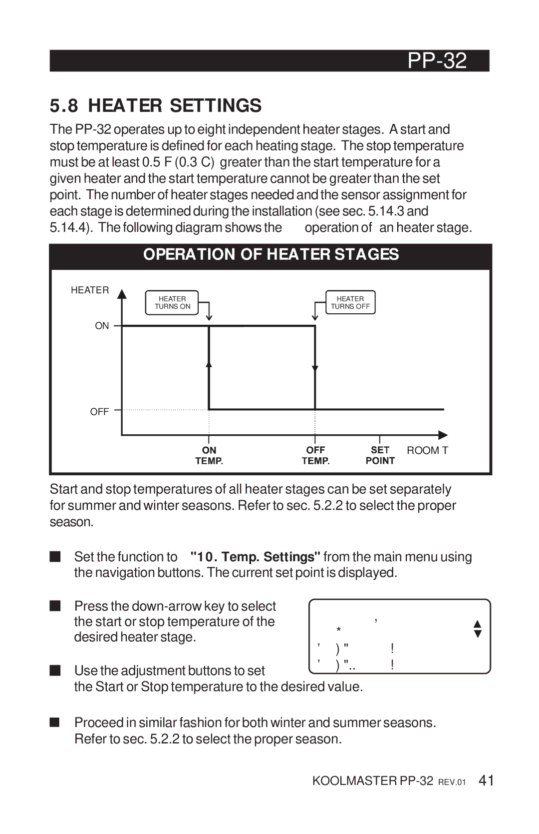 Acme Kitchenettes PP-32 manual Heater Settings, Operation of Heater Stages 