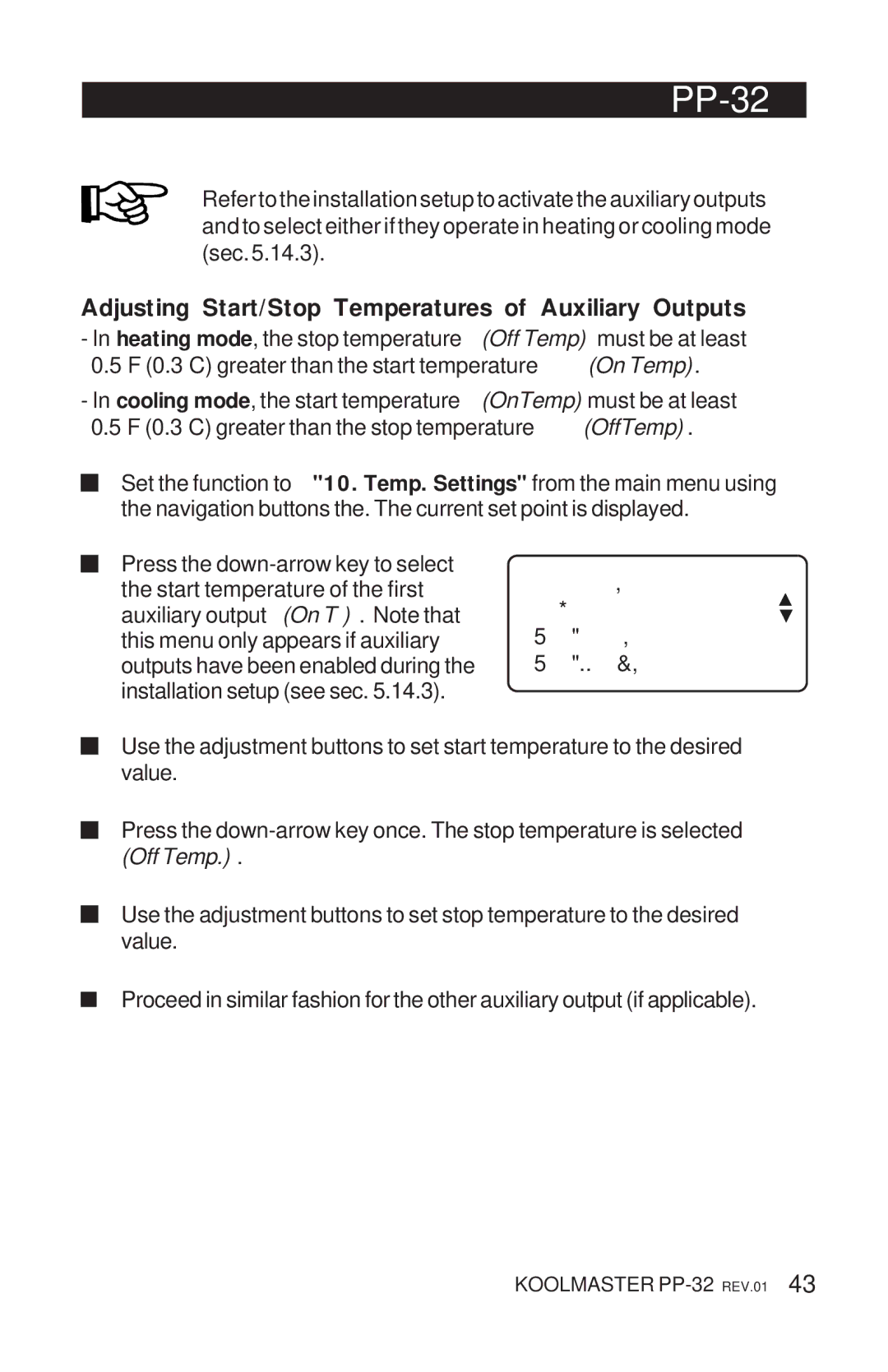 Acme Kitchenettes PP-32 manual Adjusting Start/Stop Temperatures of Auxiliary Outputs 