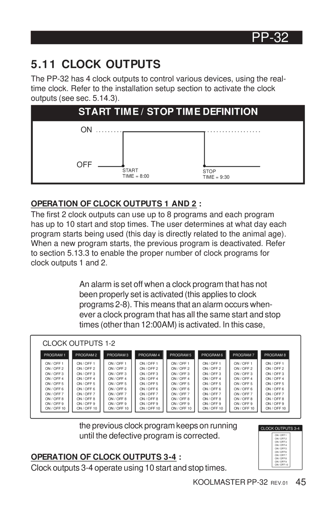 Acme Kitchenettes PP-32 manual Start Time / Stop Time Definition, Operation of Clock Outputs 1 