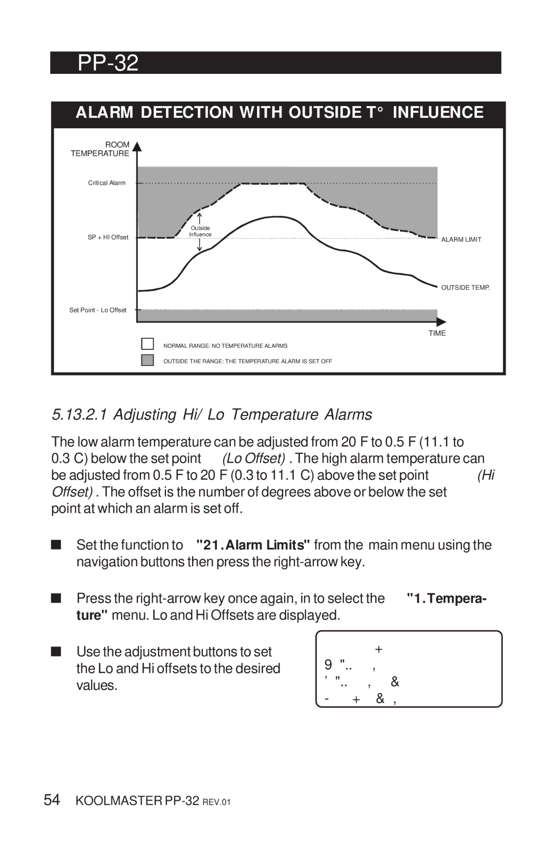 Acme Kitchenettes PP-32 manual Alarm Detection with Outside T Influence, Adjusting Hi/ Lo Temperature Alarms 