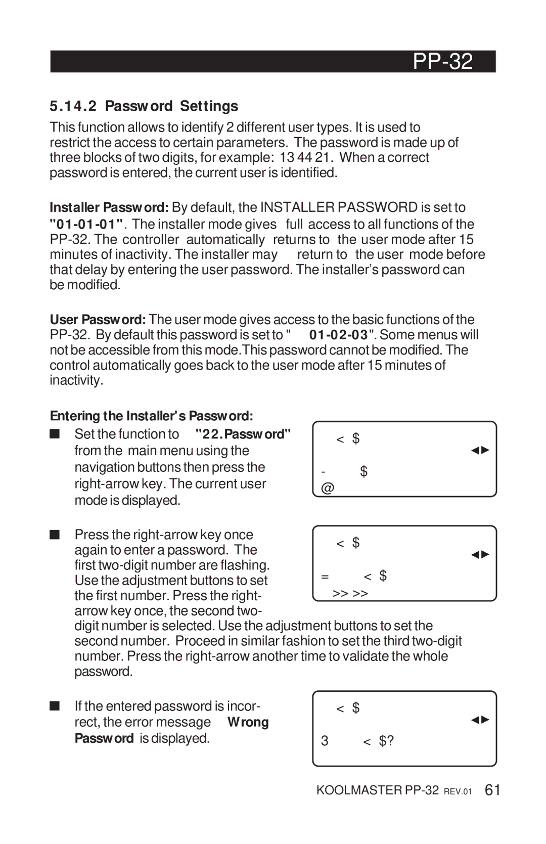 Acme Kitchenettes PP-32 manual Password Settings, Entering the Installers Password 