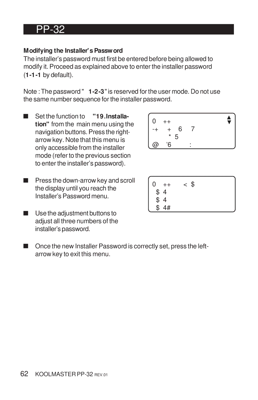 Acme Kitchenettes PP-32 manual Modifying the Installers Password 