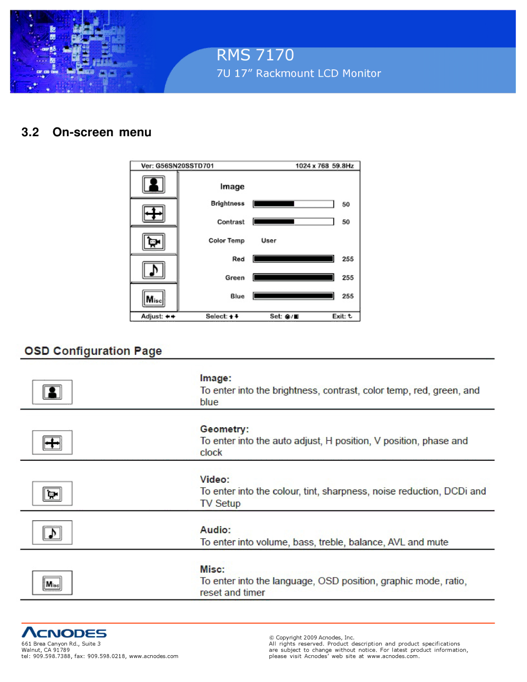 Acnodes 7170 user manual On-screen menu 