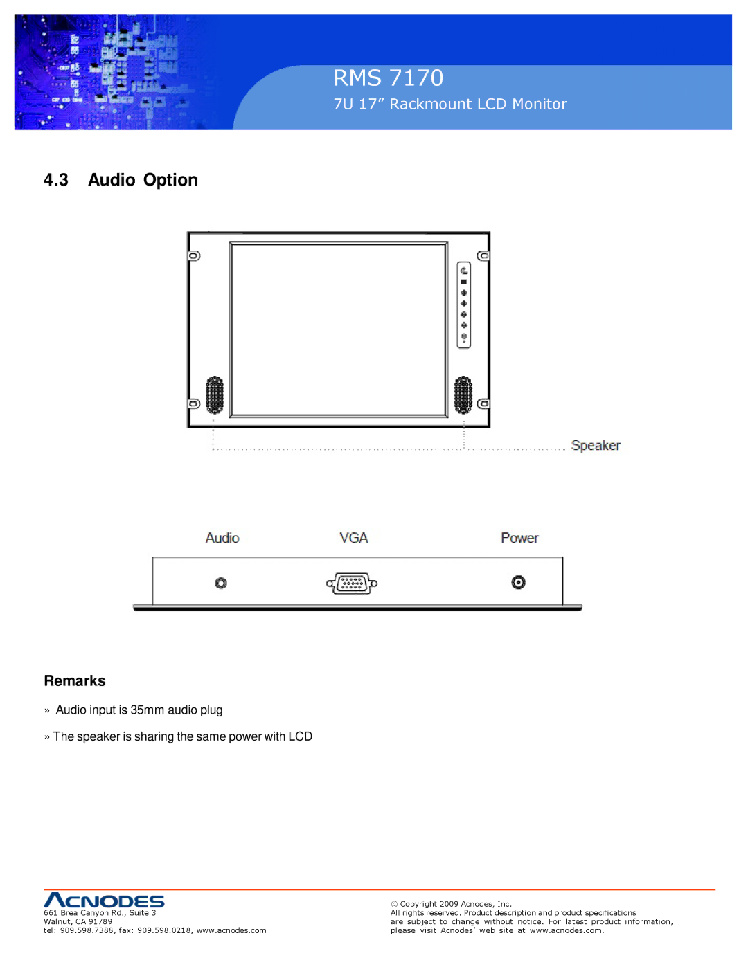 Acnodes 7170 user manual Audio Option 