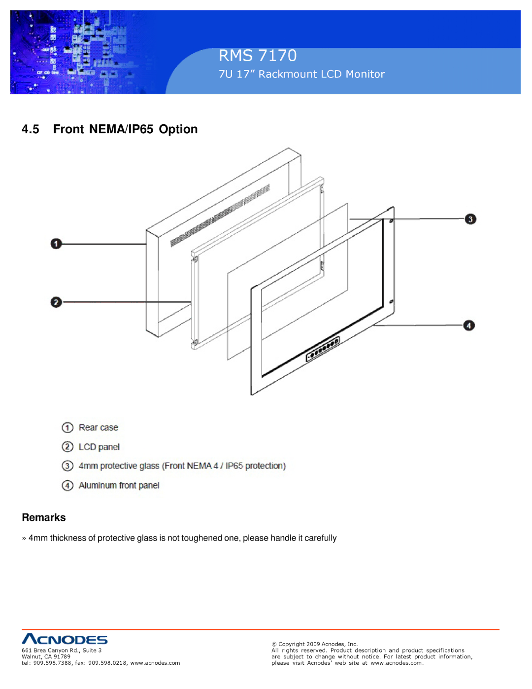 Acnodes 7170 user manual Front NEMA/IP65 Option 