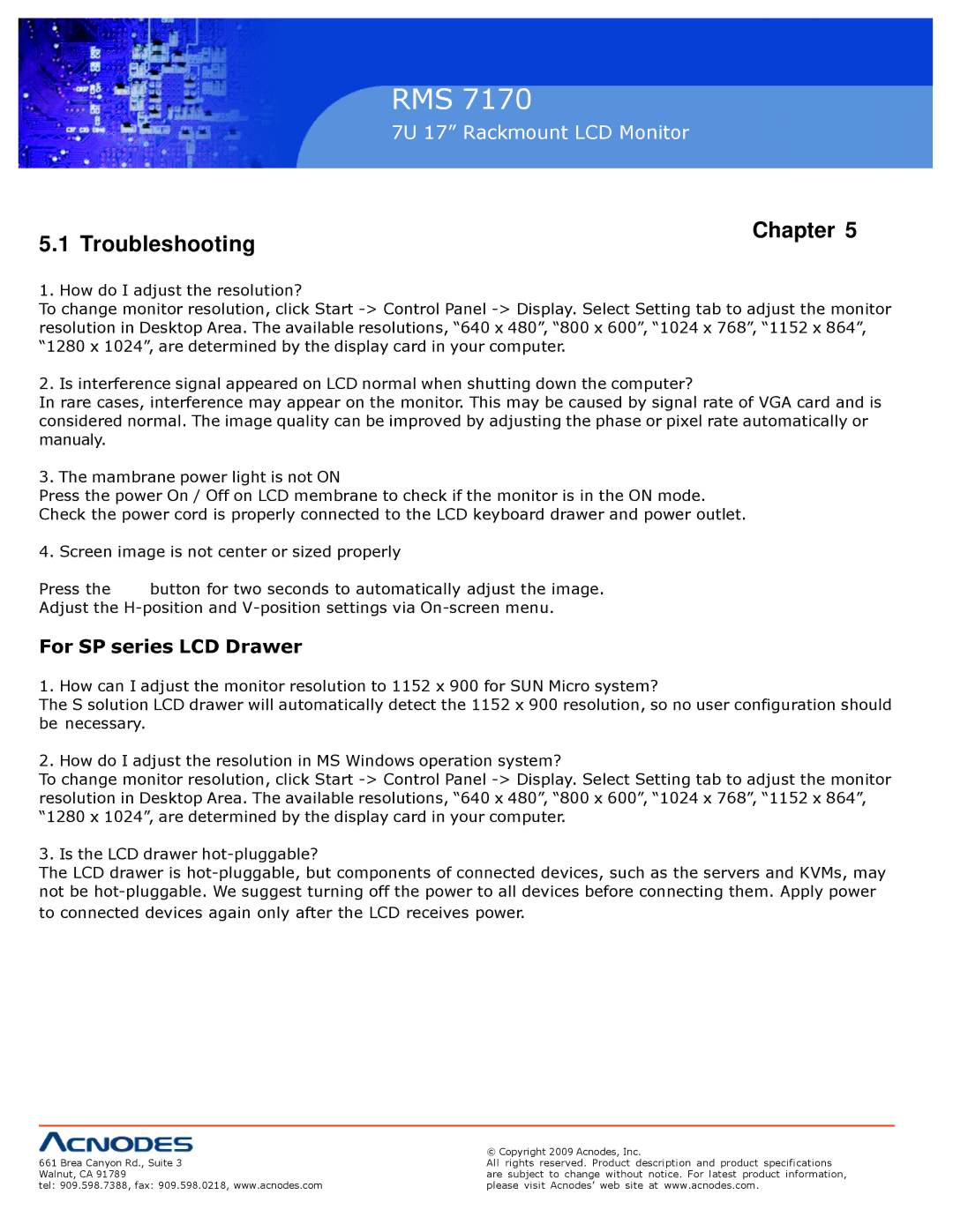 Acnodes 7170 user manual Troubleshooting Chapter, For SP series LCD Drawer 