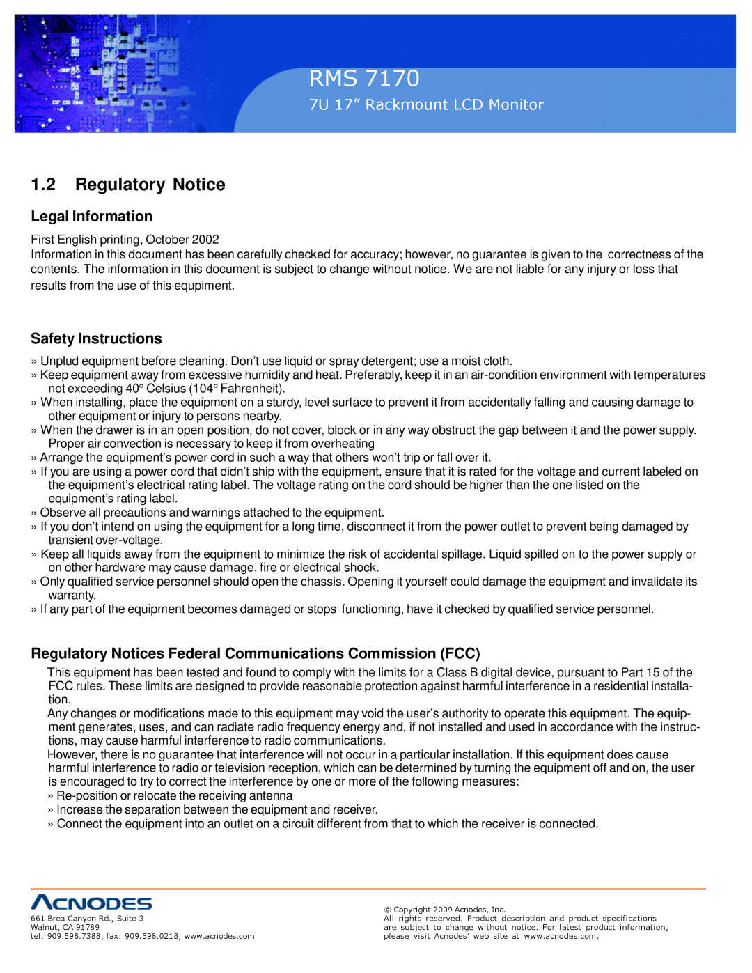 Acnodes 7170 user manual Regulatory Notice, Legal Information 