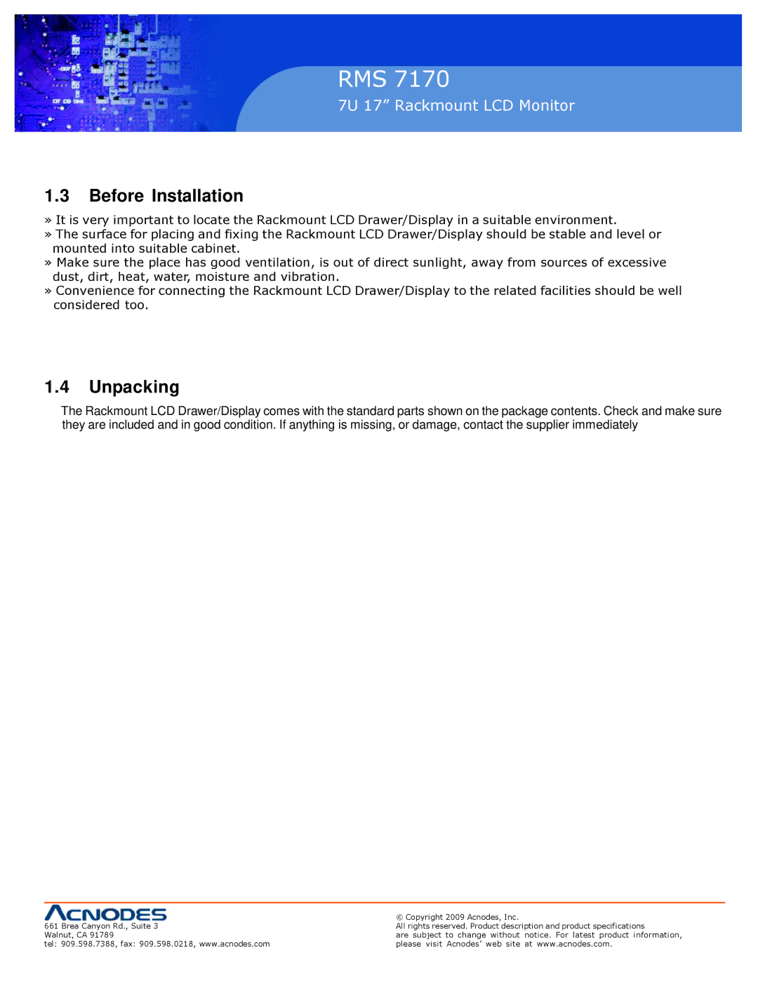 Acnodes 7170 user manual Before Installation, Unpacking 