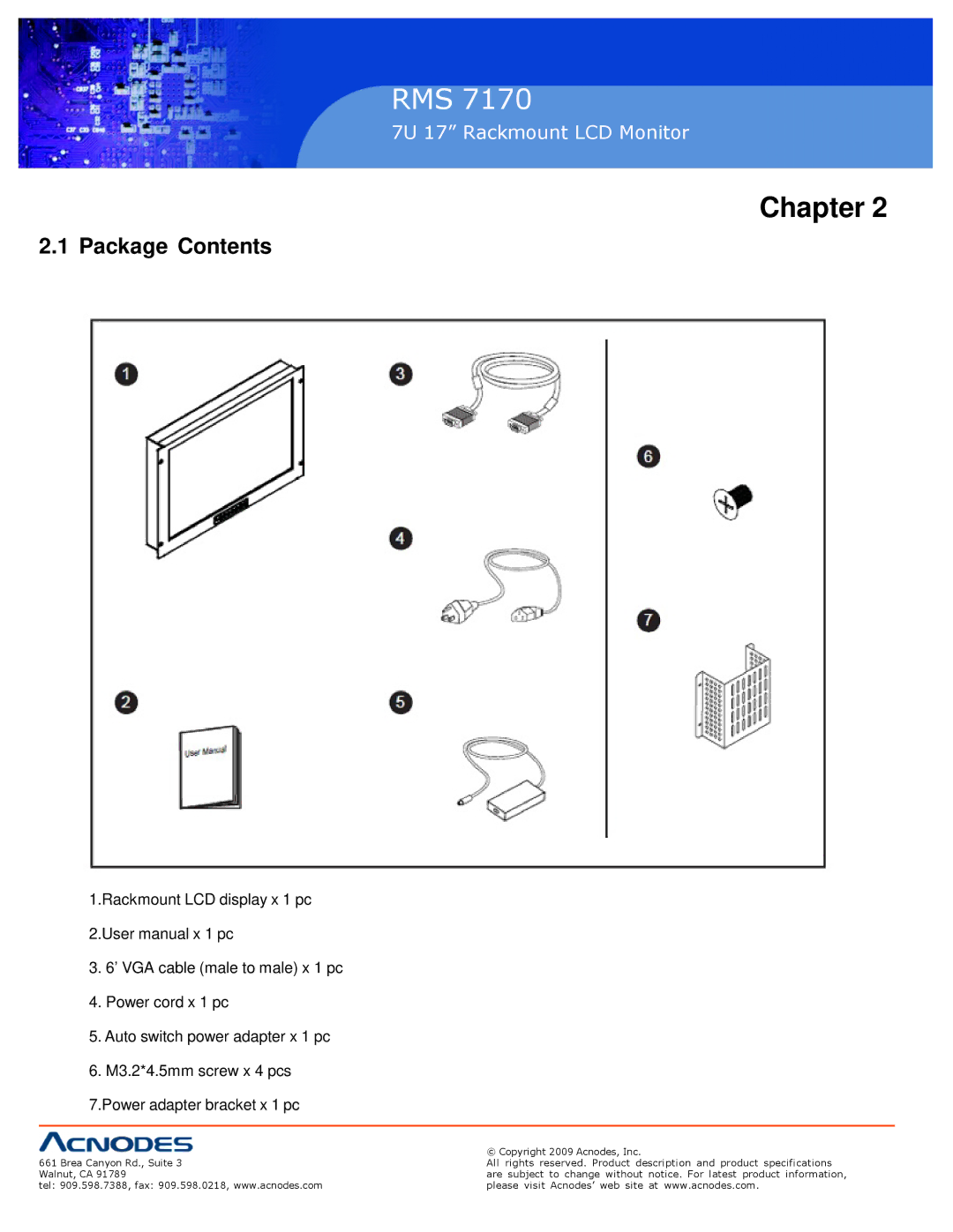 Acnodes 7170 user manual Chapter, Package Contents 