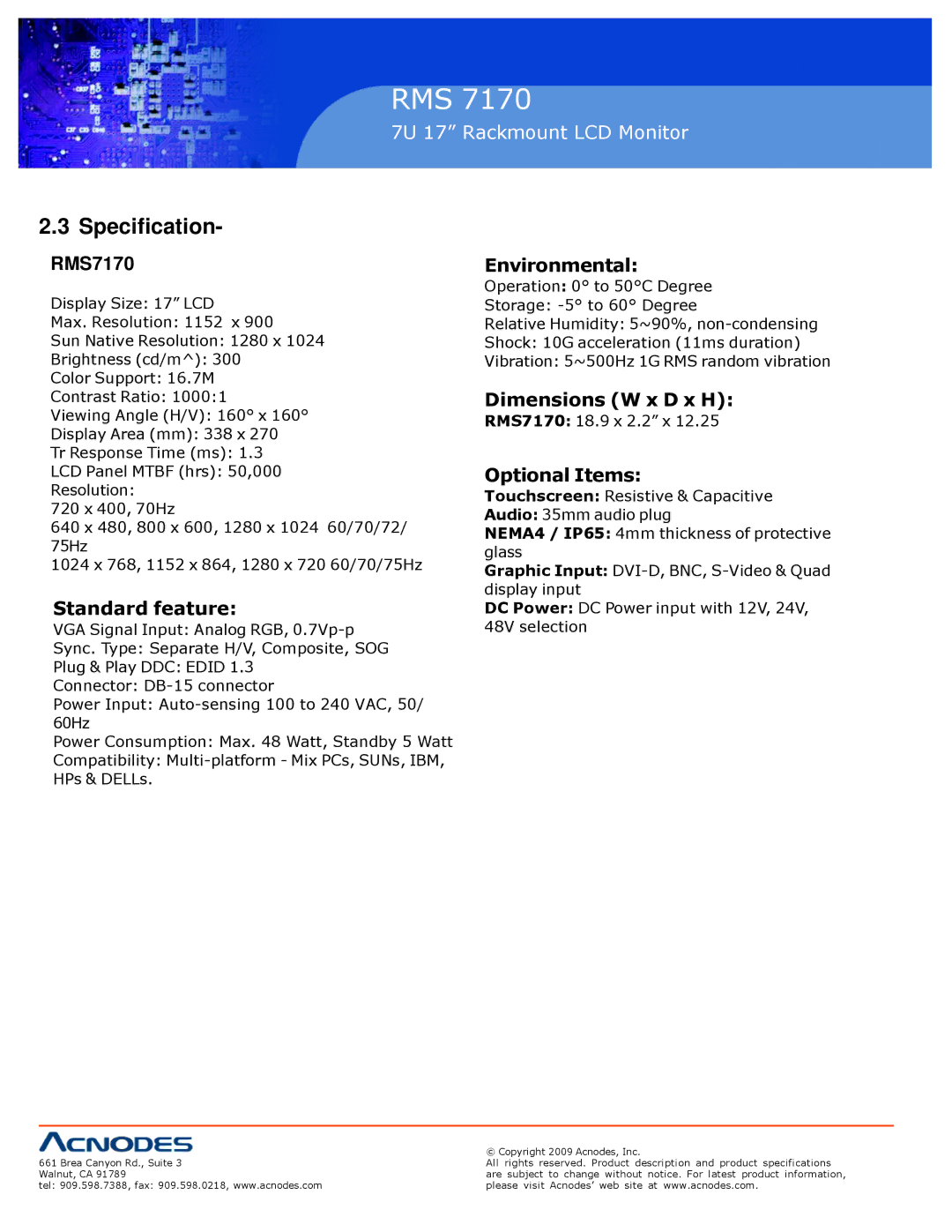 Acnodes user manual Specification, RMS7170 