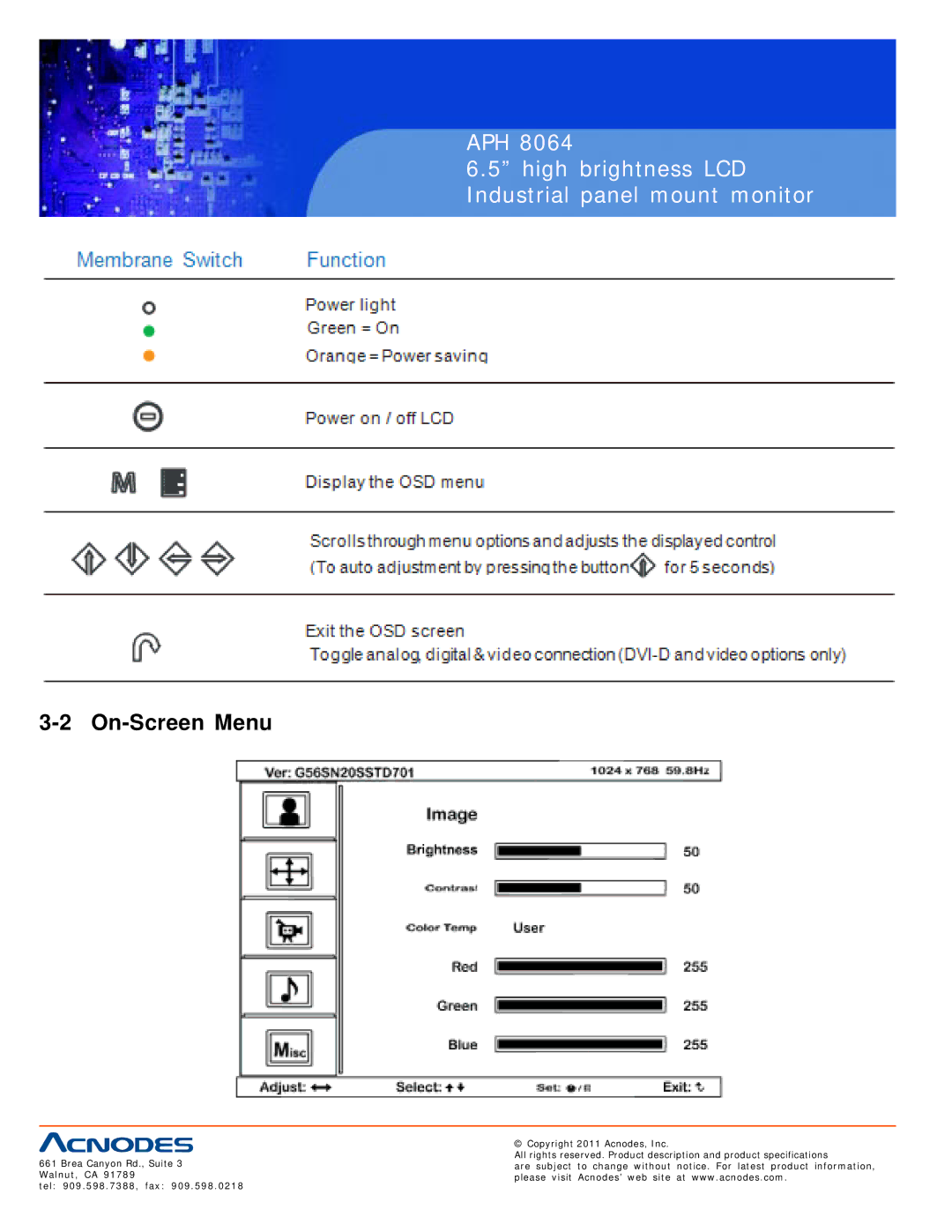 Acnodes APH 8064 user manual On-Screen Menu 