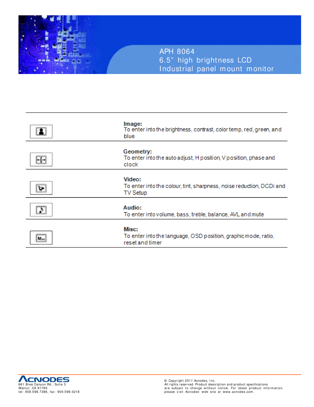 Acnodes APH 8064 user manual APH High brightness LCD Industrial panel mount monitor 