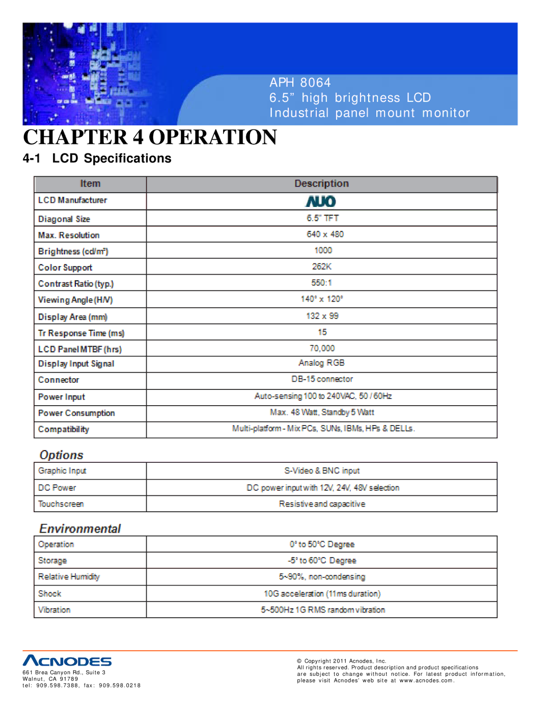 Acnodes APH 8064 user manual Operation, LCD Specifications 