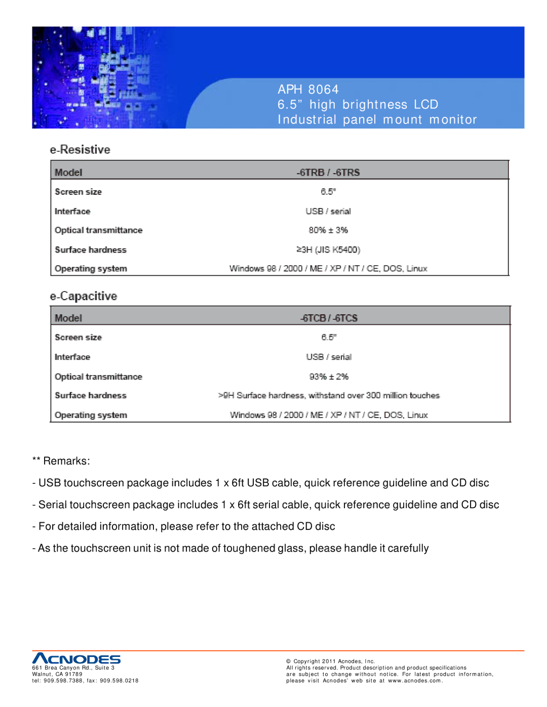 Acnodes APH 8064 user manual APH High brightness LCD Industrial panel mount monitor 