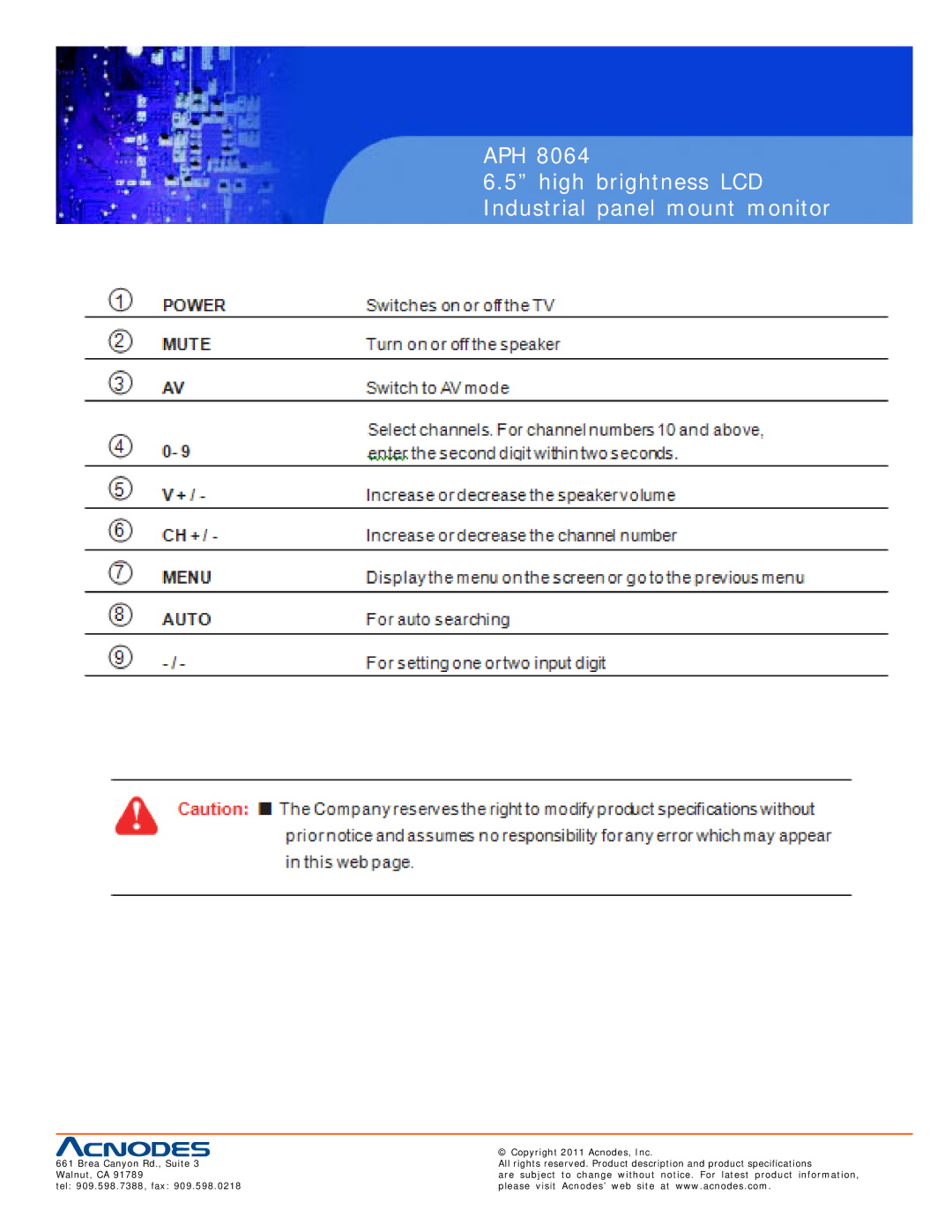 Acnodes APH 8064 user manual APH High brightness LCD Industrial panel mount monitor 