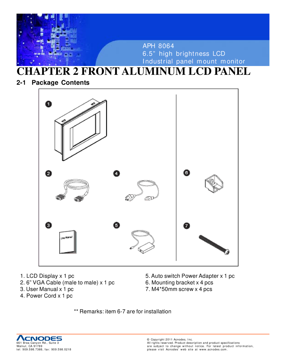 Acnodes APH 8064 user manual Front Aluminum LCD Panel, Package Contents 