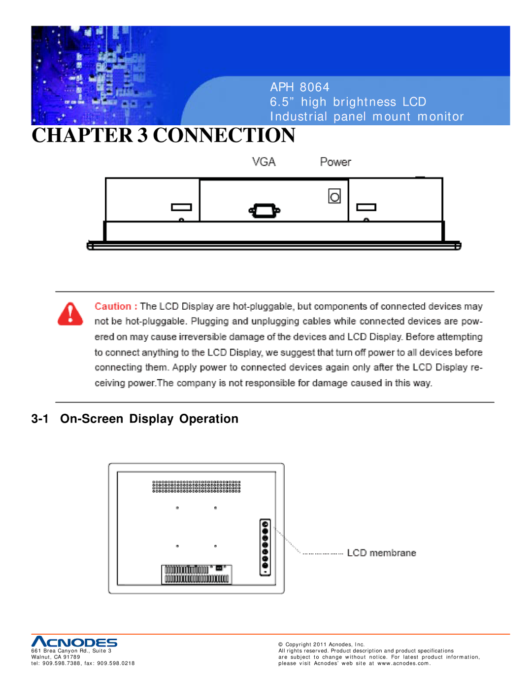 Acnodes APH 8064 user manual Connection, On-Screen Display Operation 