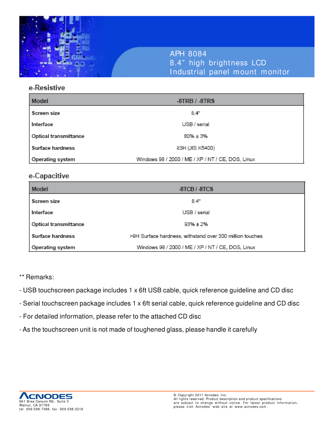 Acnodes APH 8084 user manual APH High brightness LCD Industrial panel mount monitor 