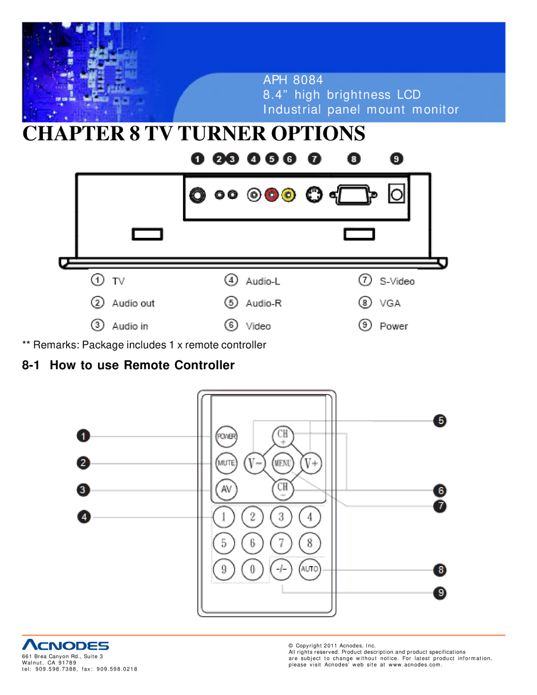 Acnodes APH 8084 user manual TV Turner Options, How to use Remote Controller 