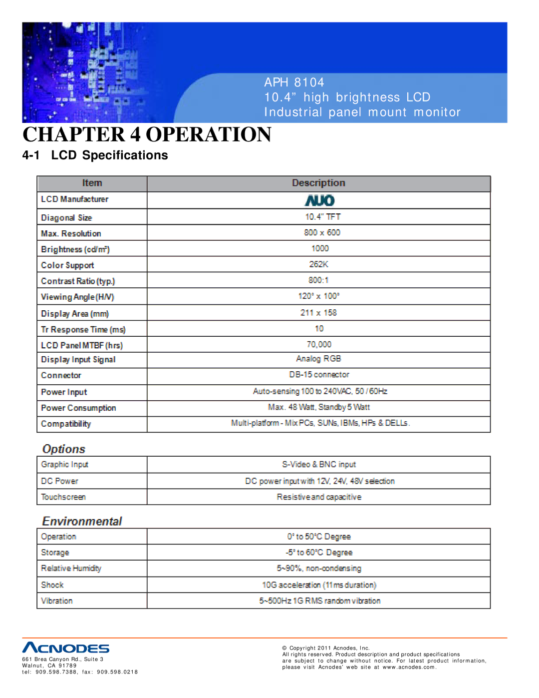 Acnodes APH 8104 user manual Operation, LCD Specifications 