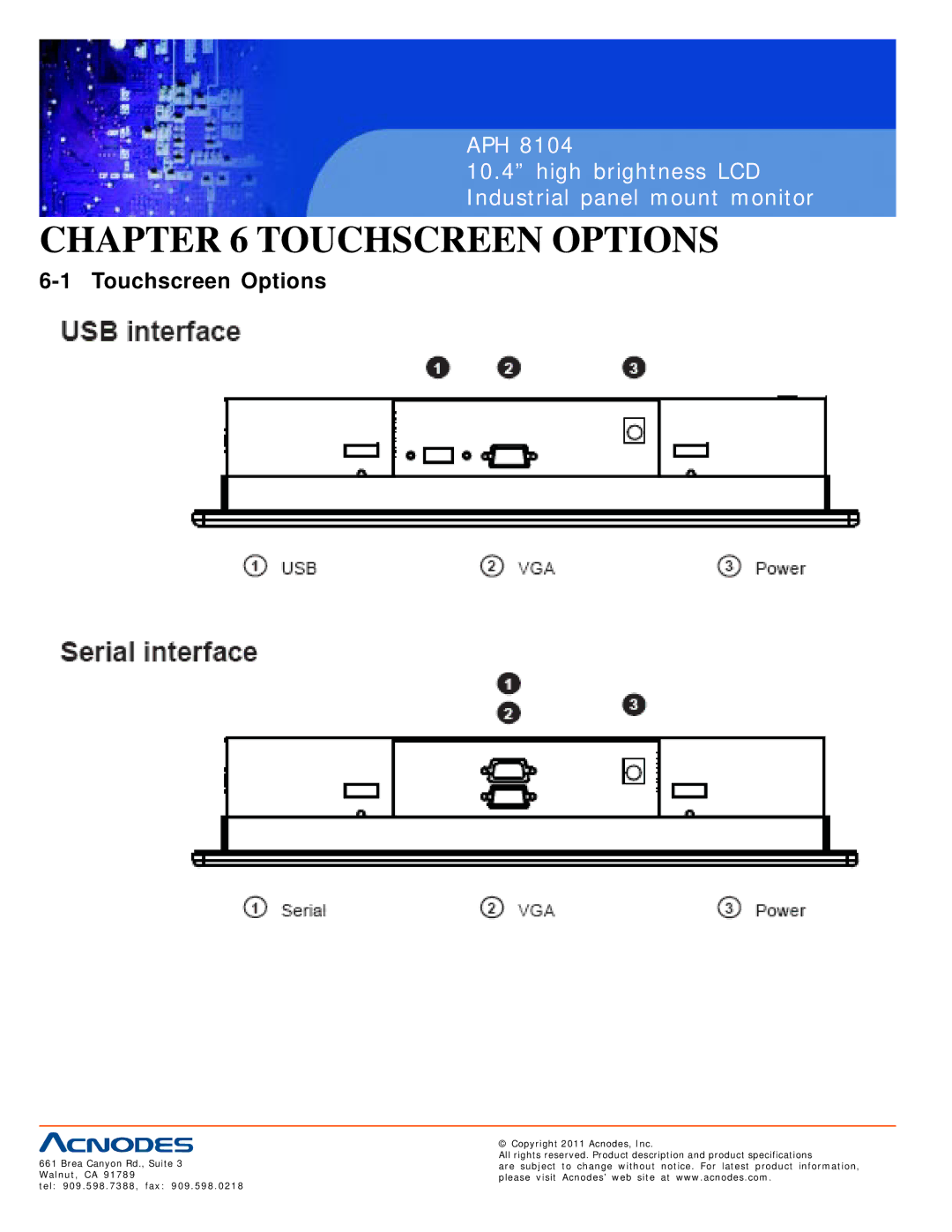 Acnodes APH 8104 user manual Touchscreen Options 