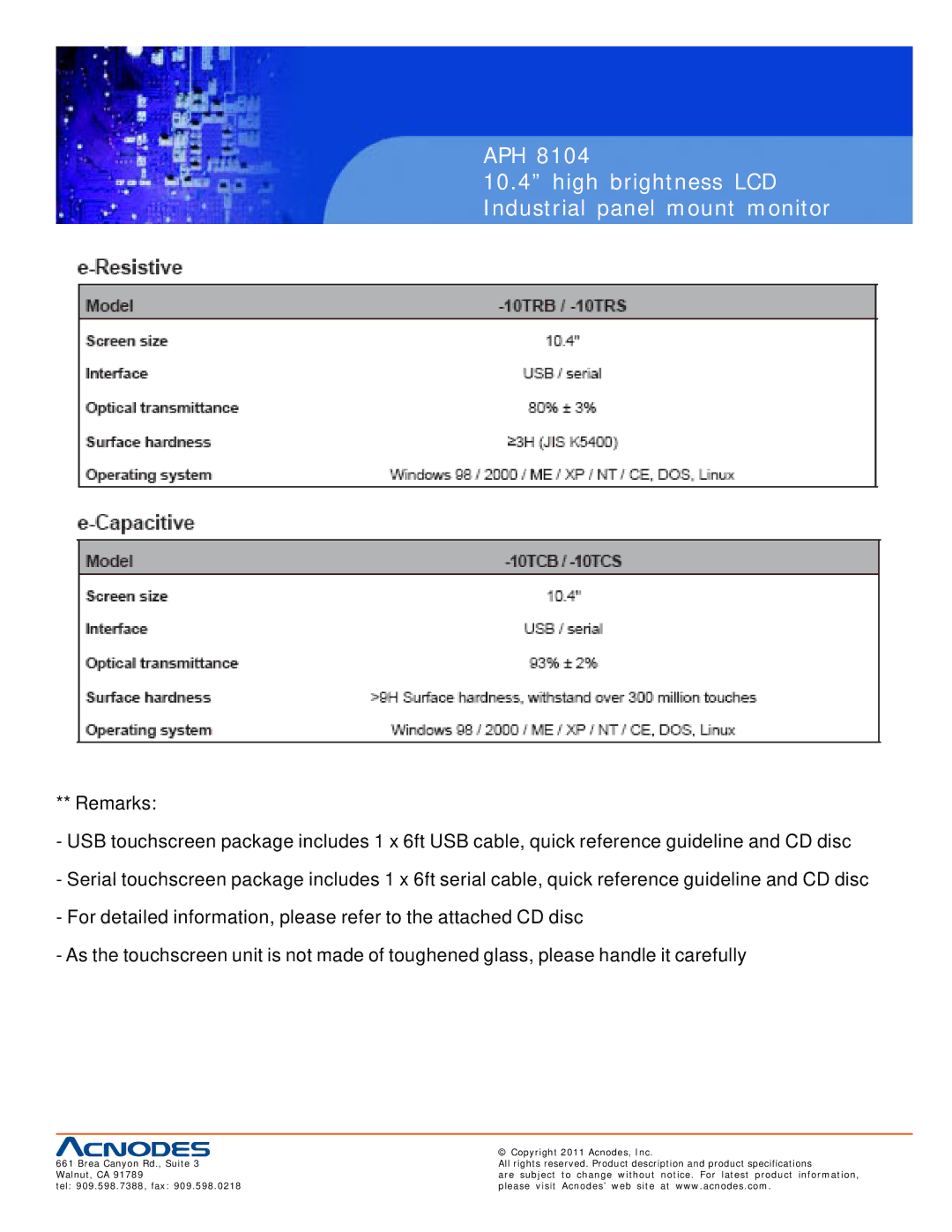 Acnodes APH 8104 user manual APH High brightness LCD Industrial panel mount monitor 