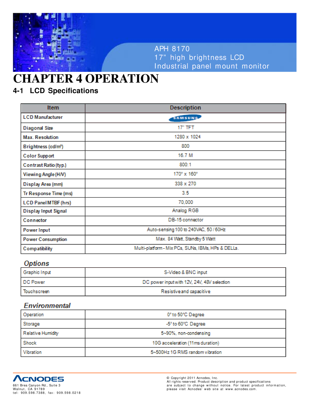 Acnodes APH 8170 user manual Operation, LCD Specifications 