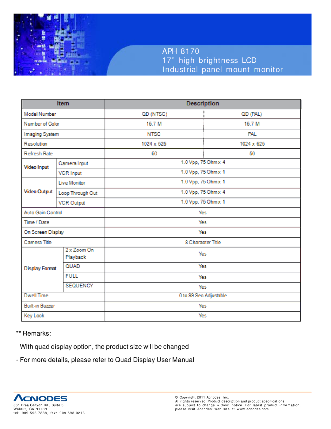 Acnodes APH 8170 user manual APH High brightness LCD Industrial panel mount monitor 