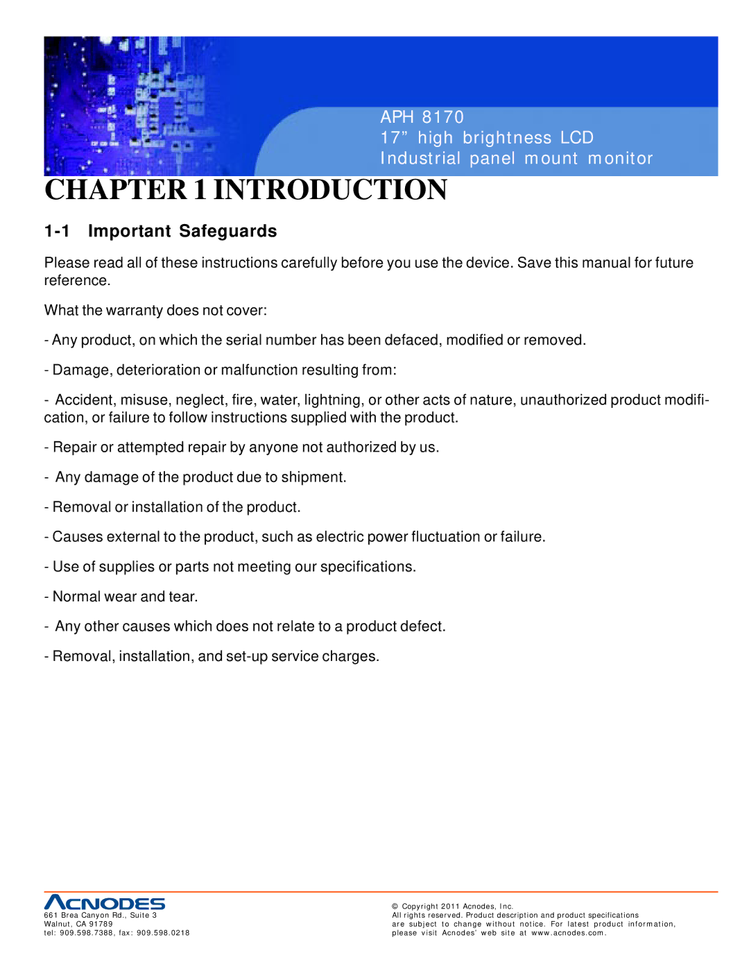 Acnodes APH 8170 user manual Introduction, Important Safeguards 