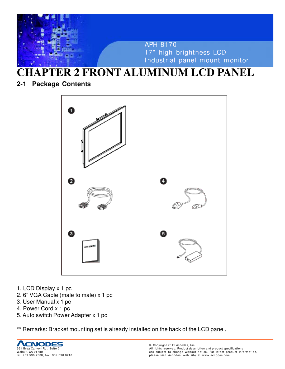 Acnodes APH 8170 user manual Front Aluminum LCD Panel, Package Contents 